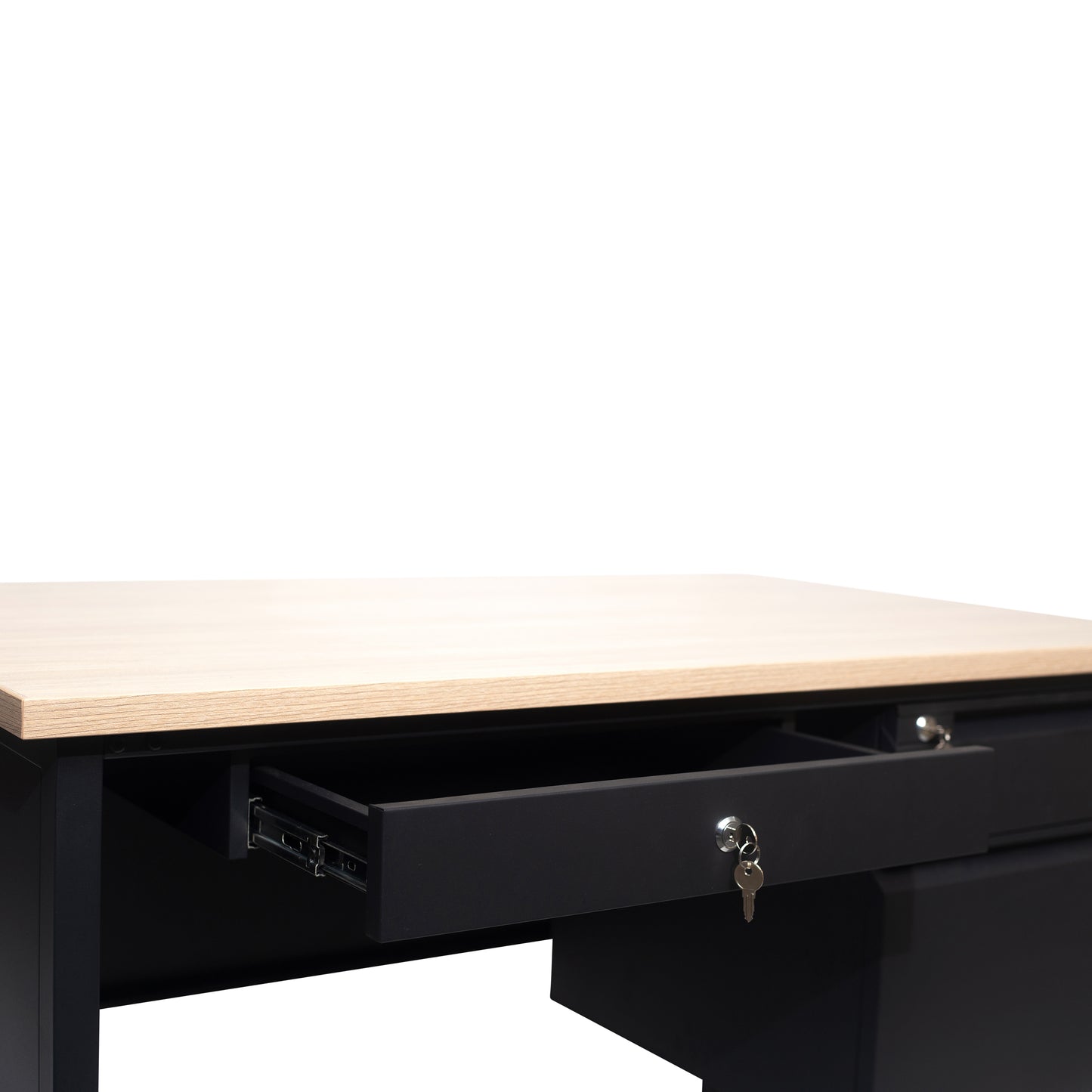 Cambridge Commercial Grade 30x48 Right Side Single Pedestal Desk with 3 Locking Drawers, White Oak Top and Black Frame