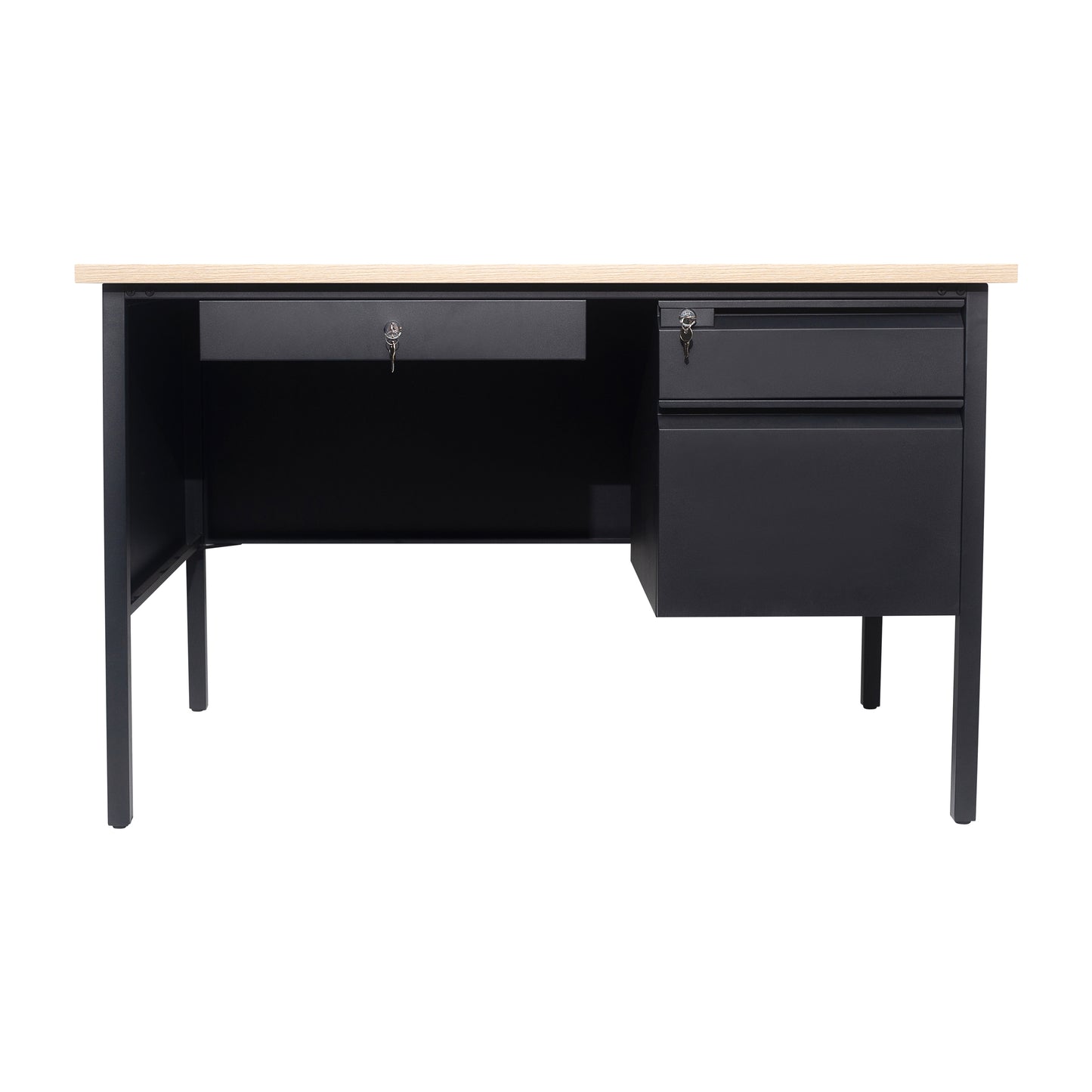 Cambridge Commercial Grade 30x48 Right Side Single Pedestal Desk with 3 Locking Drawers, White Oak Top and Black Frame
