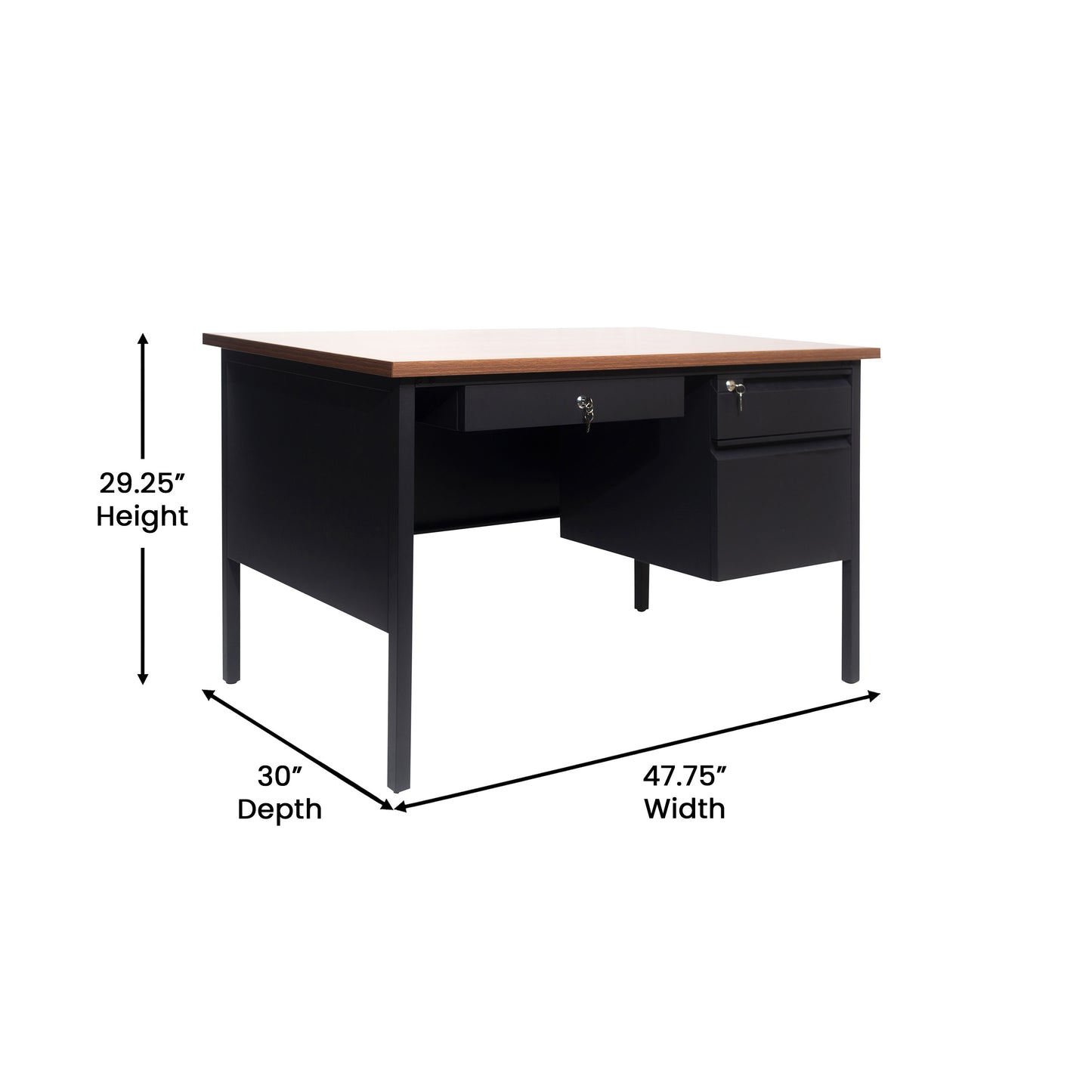 Cambridge Commercial Grade 30x48 Right Side Single Pedestal Desk with 3 Locking Drawers, Walnut Top and Black Frame