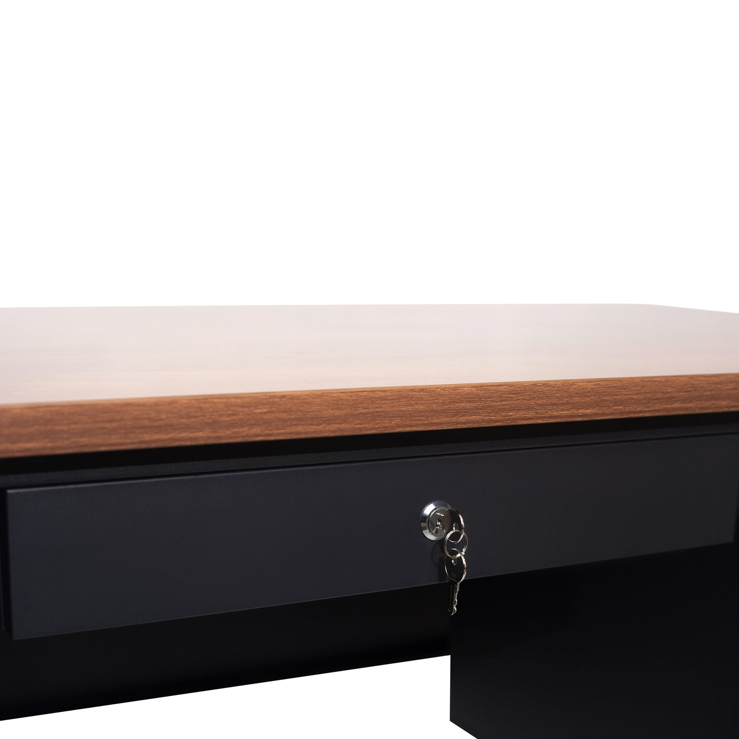 Cambridge Commercial Grade 30x48 Right Side Single Pedestal Desk with 3 Locking Drawers, Walnut Top and Black Frame