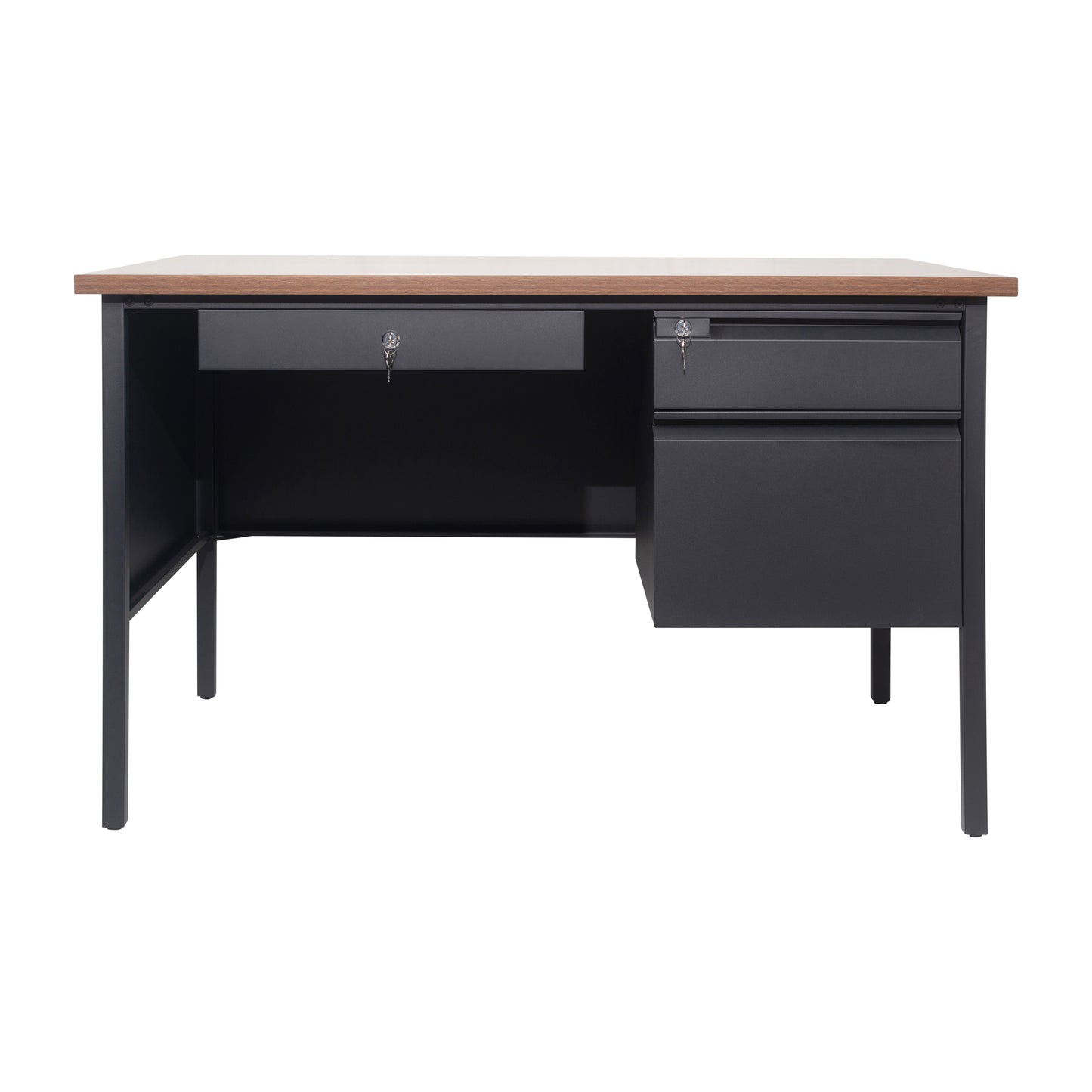 Cambridge Commercial Grade 30x48 Right Side Single Pedestal Desk with 3 Locking Drawers, Walnut Top and Black Frame