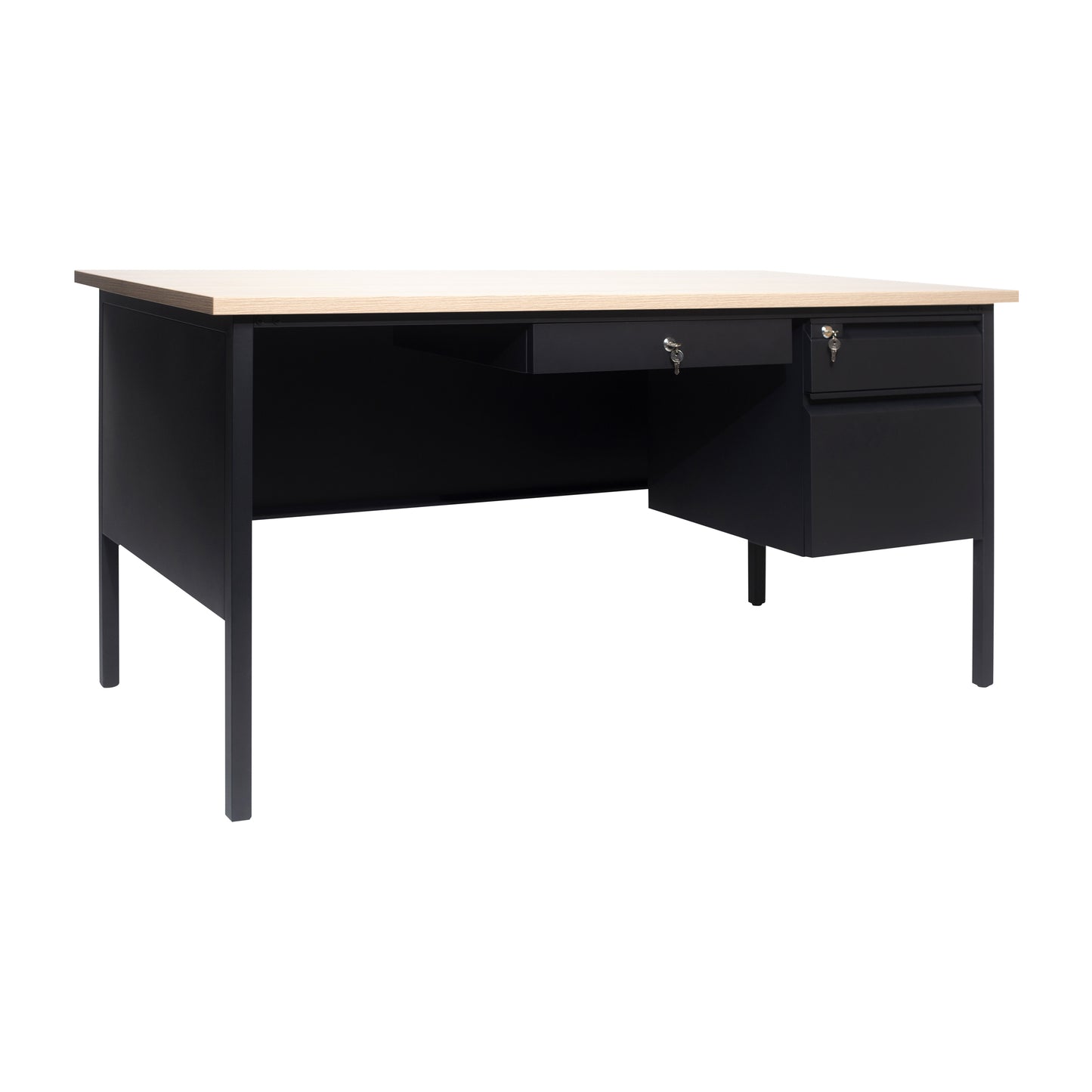 Cambridge Commercial Grade 30x60 Right Side Single Pedestal Desk with 3 Locking Drawers, White Oak Top and Black Frame