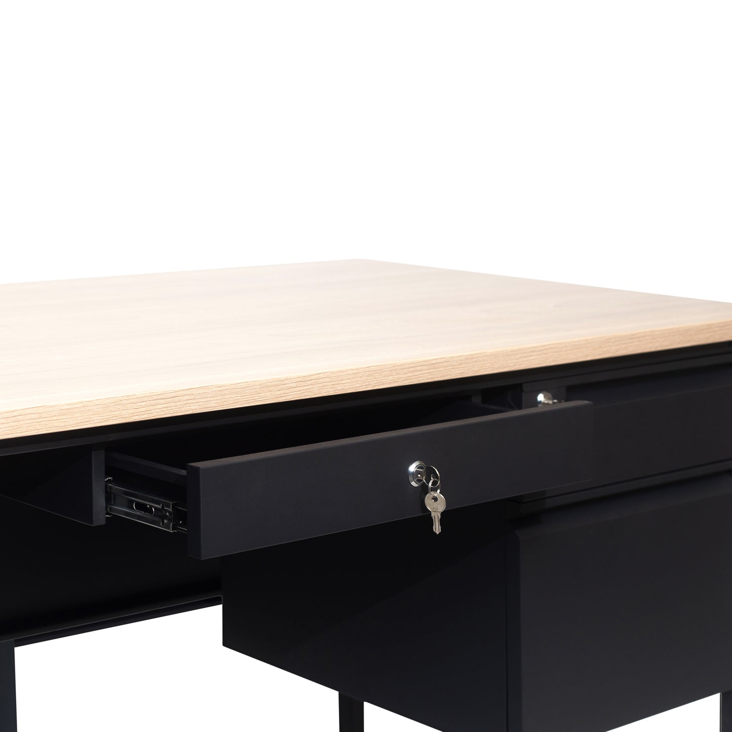 Cambridge Commercial Grade 30x60 Right Side Single Pedestal Desk with 3 Locking Drawers, White Oak Top and Black Frame