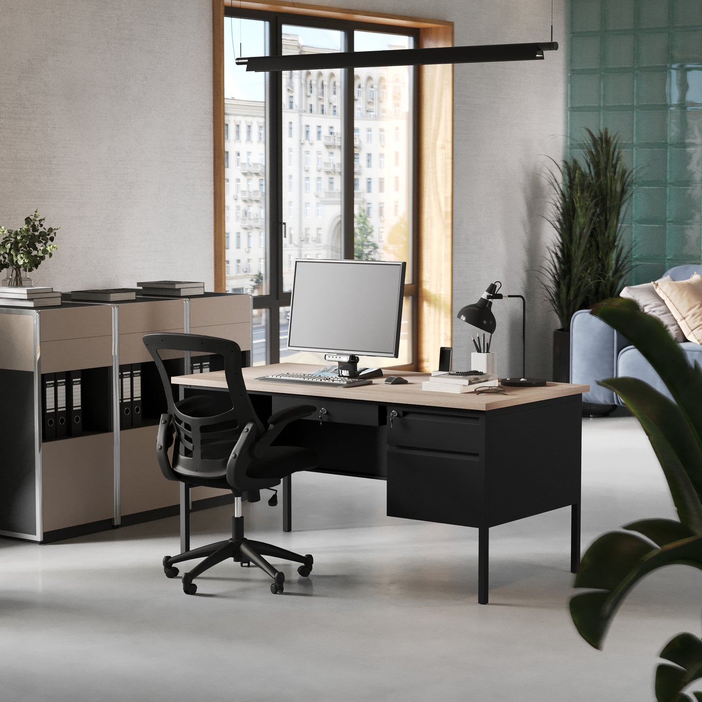 Cambridge Commercial Grade 30x60 Right Side Single Pedestal Desk with 3 Locking Drawers, White Oak Top and Black Frame
