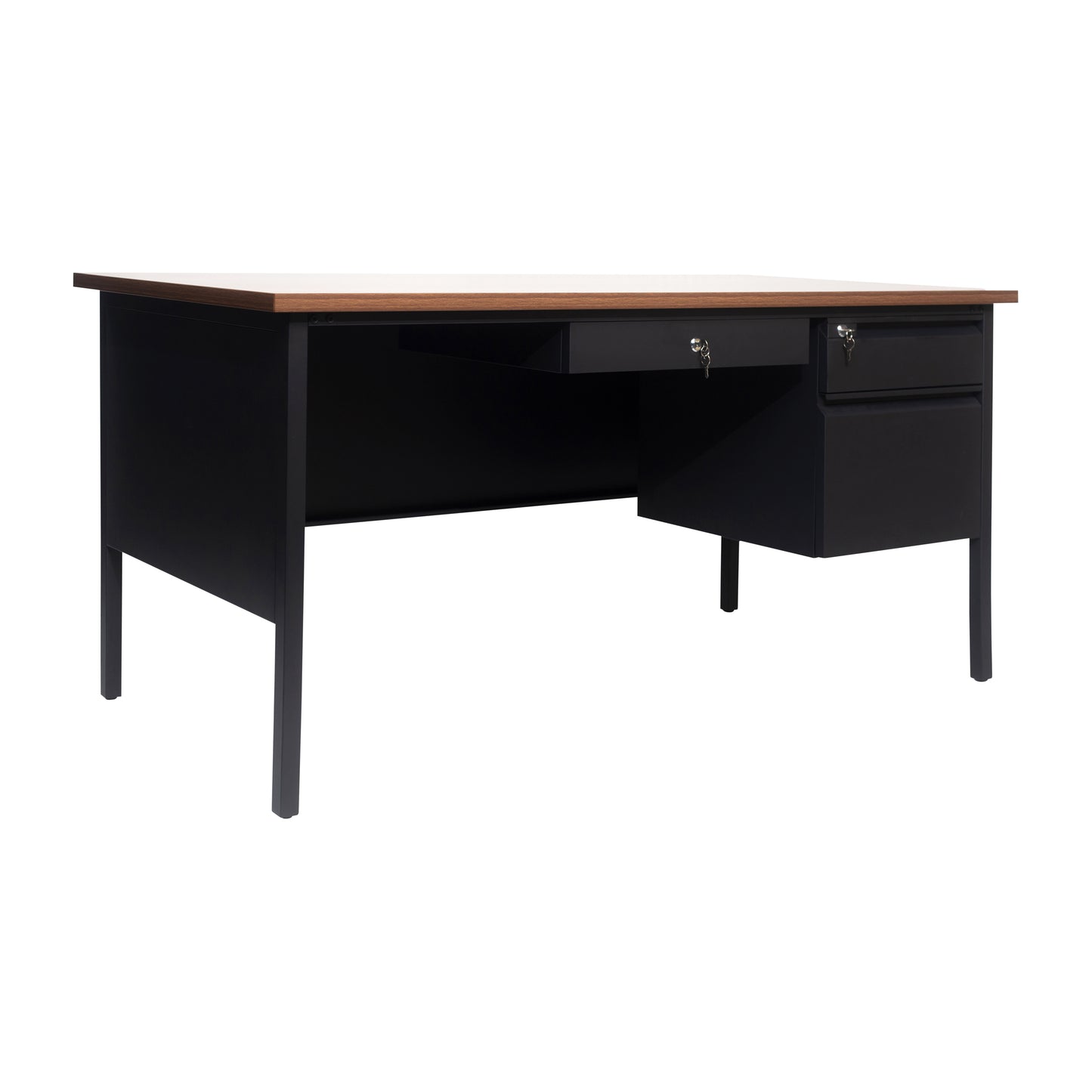 Cambridge Commercial Grade 30x60 Right Side Single Pedestal Desk with 3 Locking Drawers, Walnut Top and Black Frame