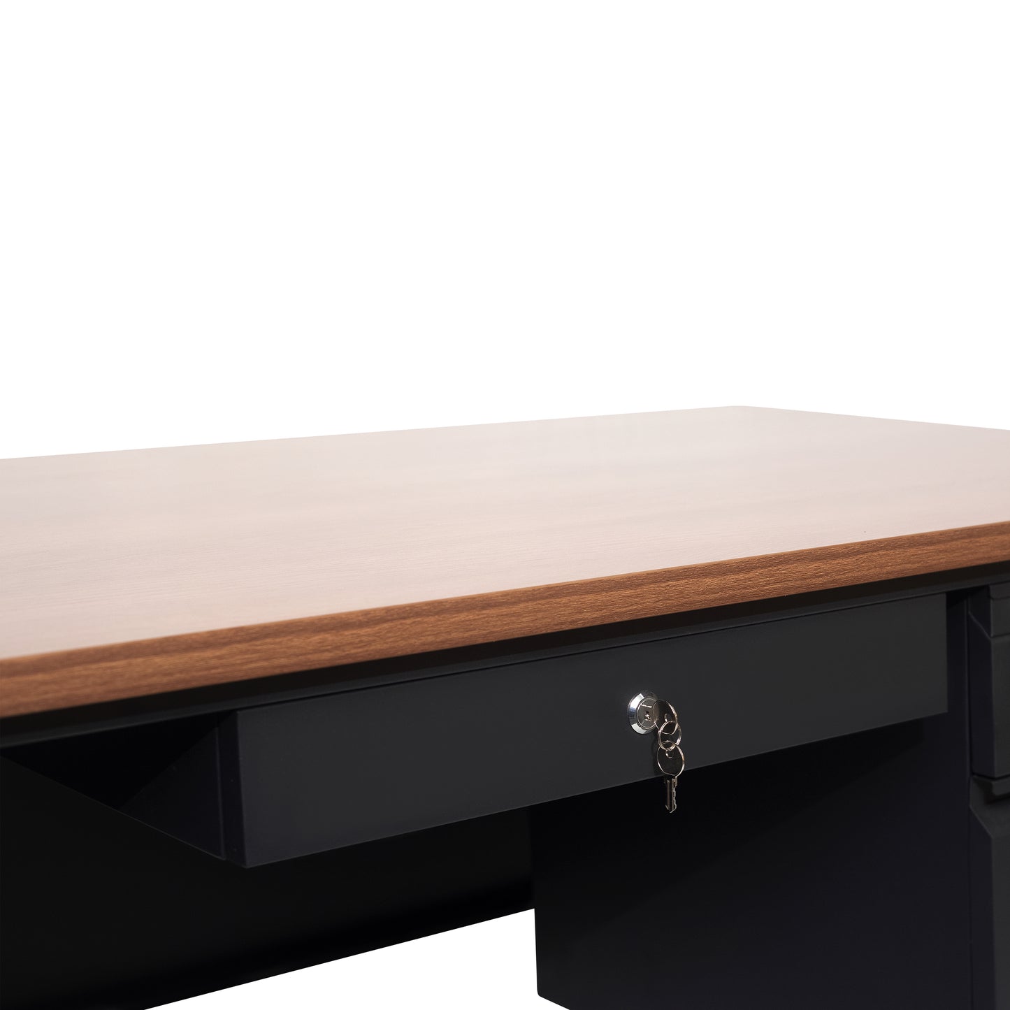 Cambridge Commercial Grade 30x60 Right Side Single Pedestal Desk with 3 Locking Drawers, Walnut Top and Black Frame