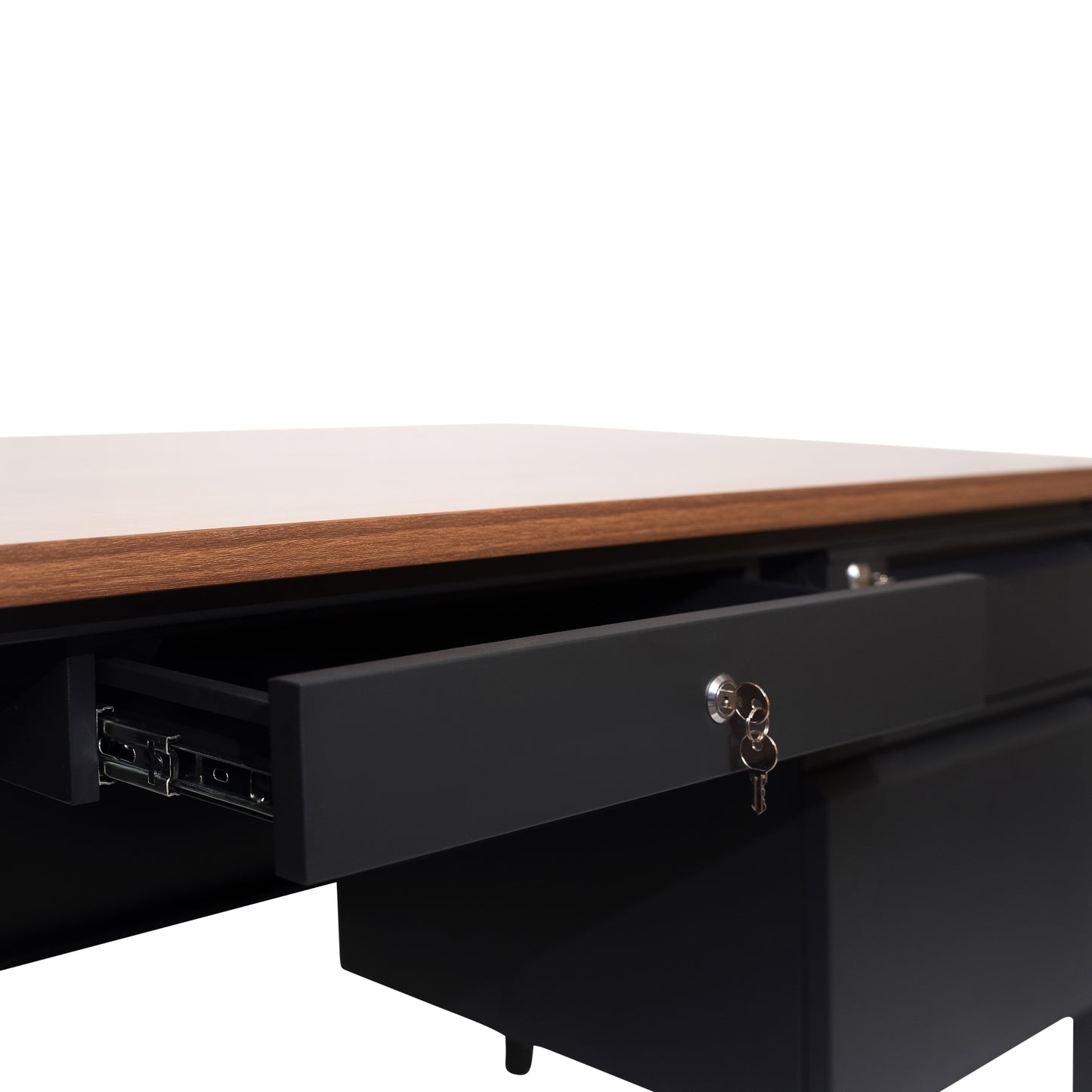 Cambridge Commercial Grade 30x60 Right Side Single Pedestal Desk with 3 Locking Drawers, Walnut Top and Black Frame