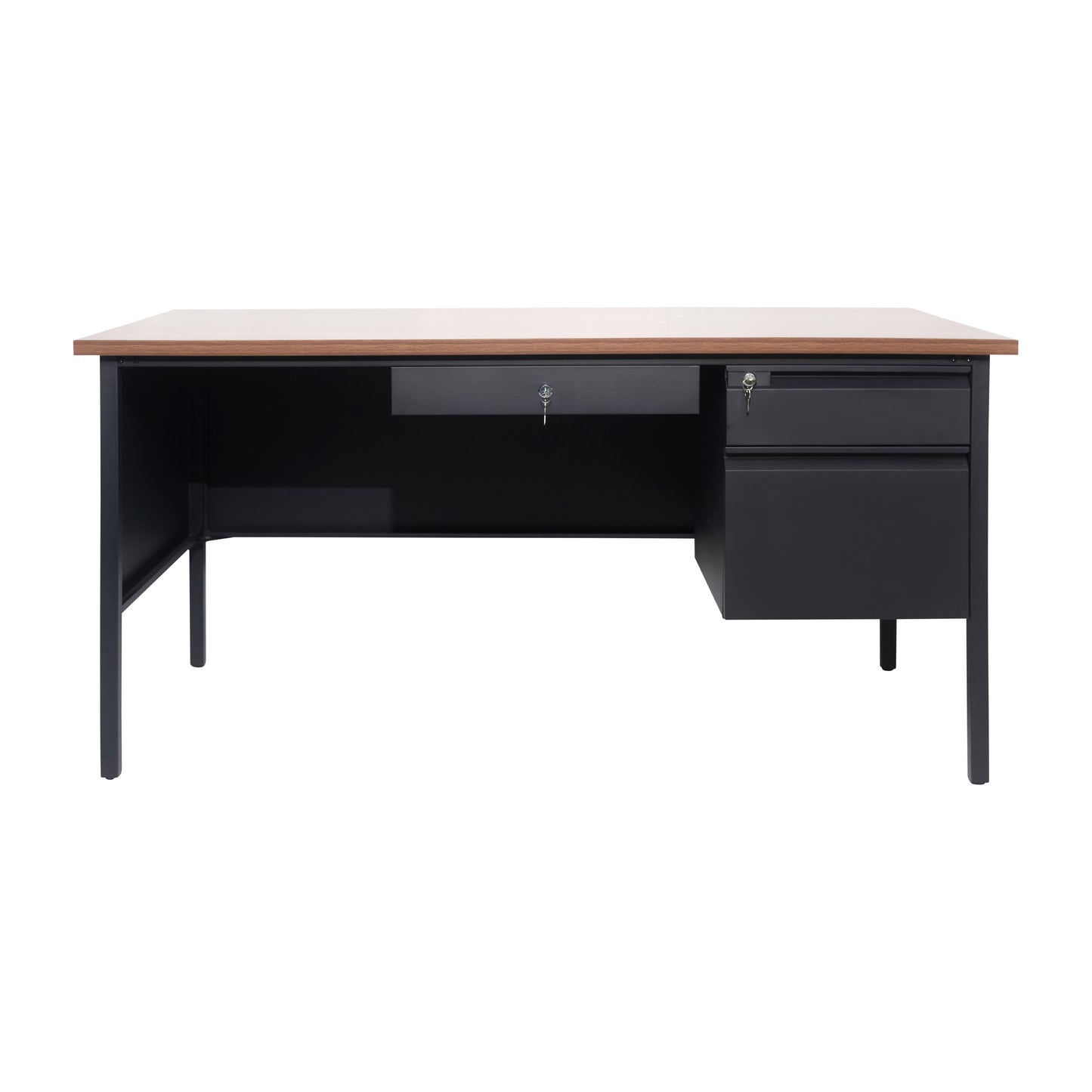Cambridge Commercial Grade 30x60 Right Side Single Pedestal Desk with 3 Locking Drawers, Walnut Top and Black Frame