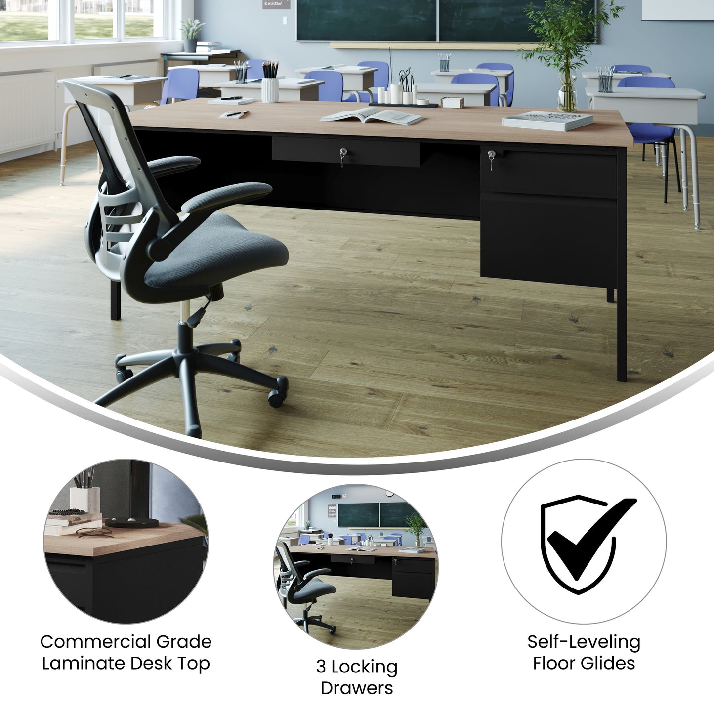 Cambridge Commercial Grade 30x70 Right Side Single Pedestal Desk with 3 Locking Drawers, White Oak Top and Black Frame