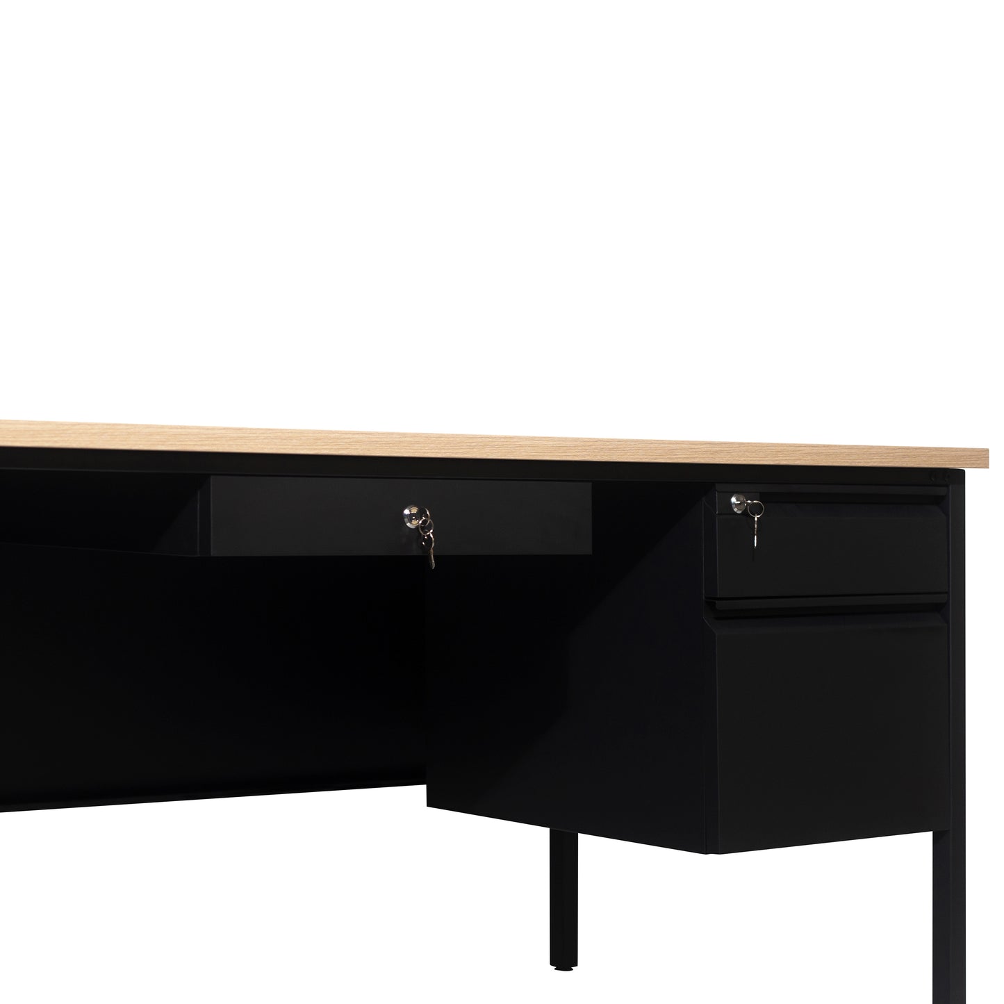 Cambridge Commercial Grade 30x70 Right Side Single Pedestal Desk with 3 Locking Drawers, White Oak Top and Black Frame