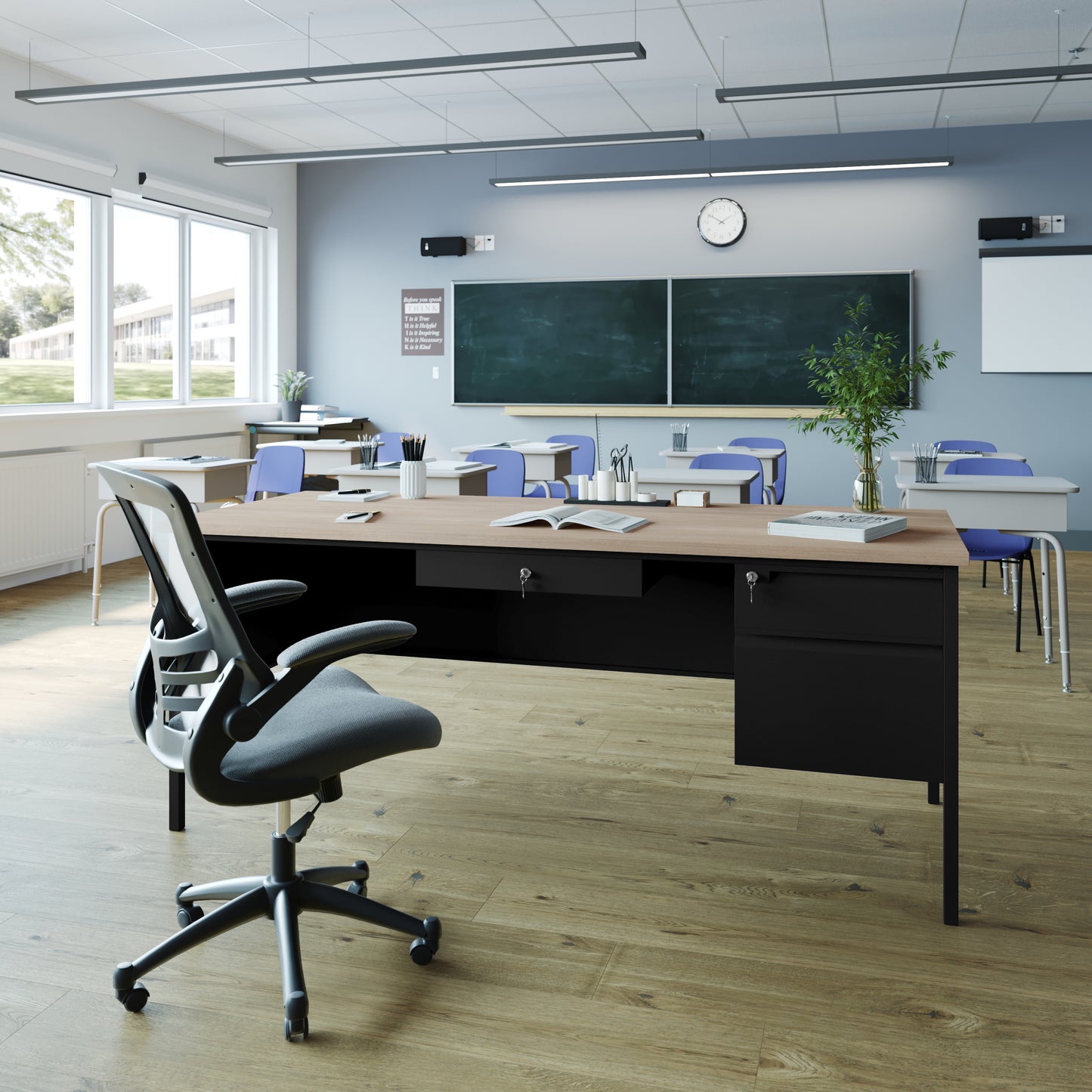 Cambridge Commercial Grade 30x70 Right Side Single Pedestal Desk with 3 Locking Drawers, White Oak Top and Black Frame