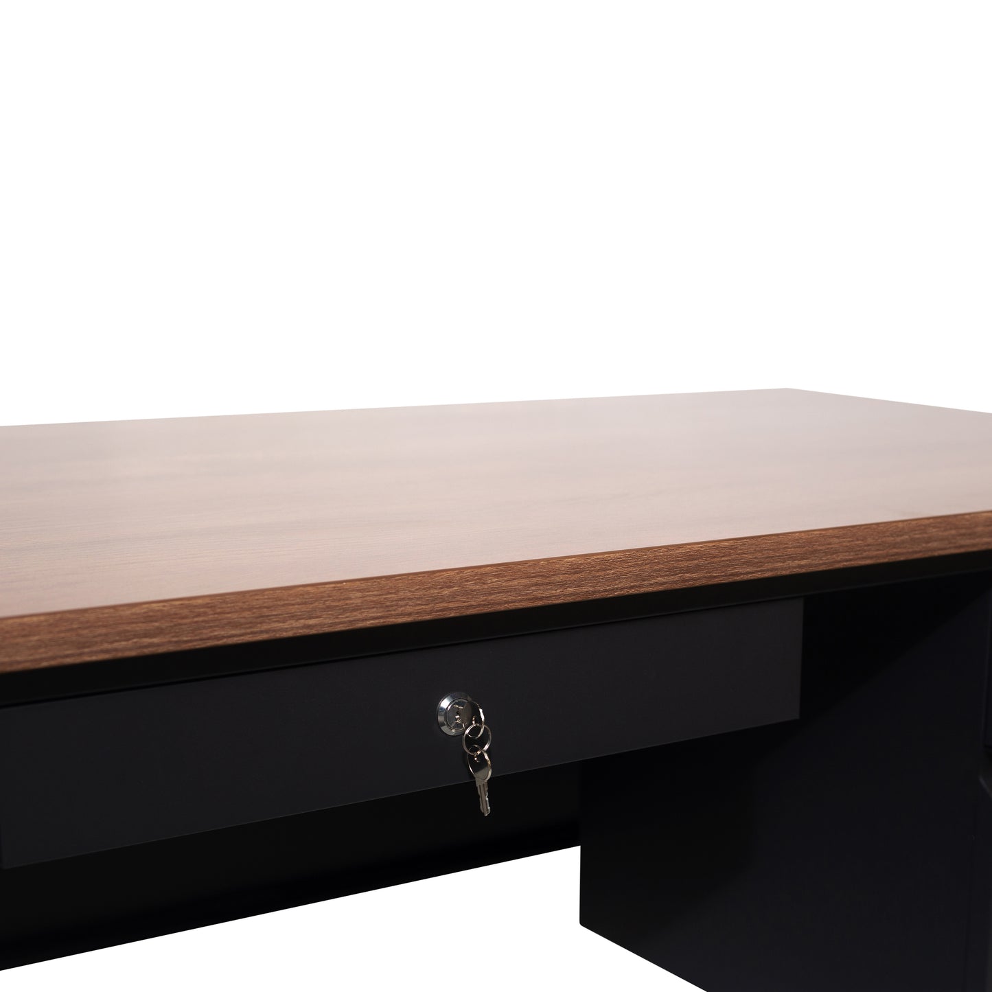Cambridge Commercial Grade 30x70 Right Side Single Pedestal Desk with 3 Locking Drawers, Walnut Top and Black Frame