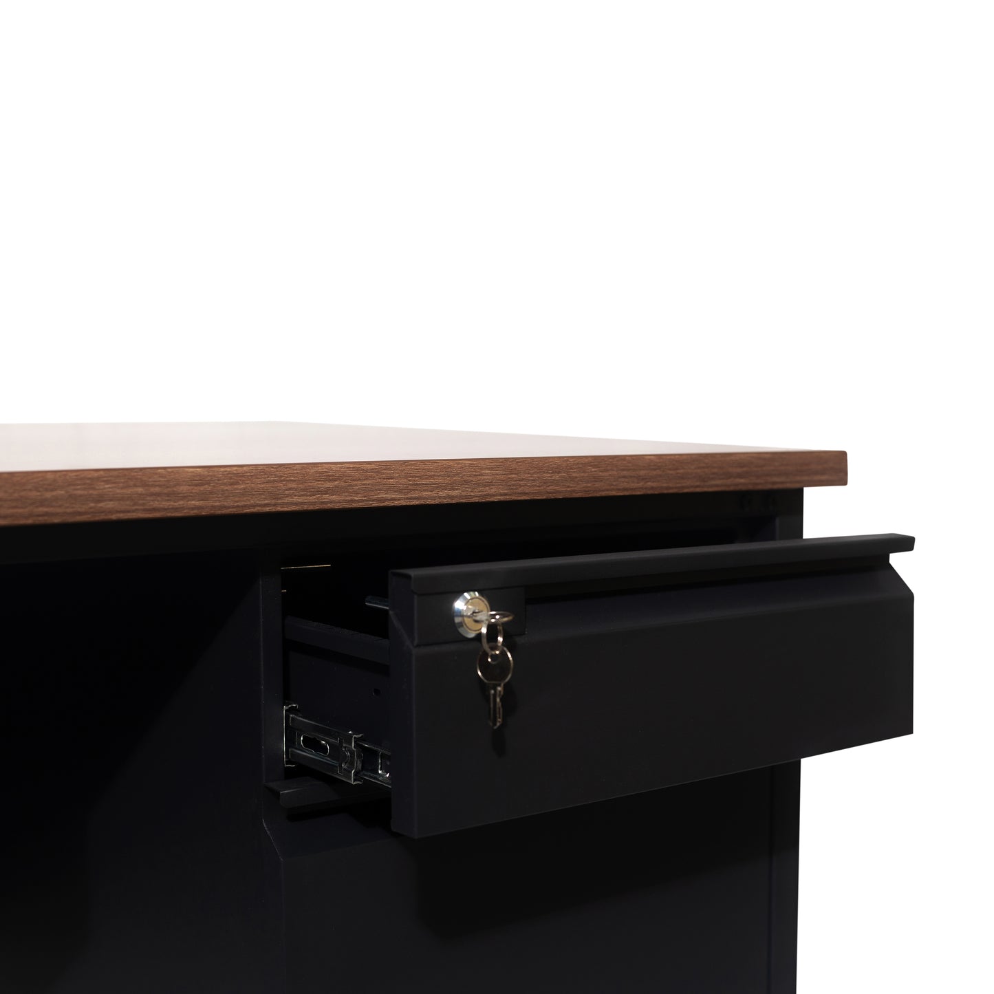 Cambridge Commercial Grade 30x70 Right Side Single Pedestal Desk with 3 Locking Drawers, Walnut Top and Black Frame