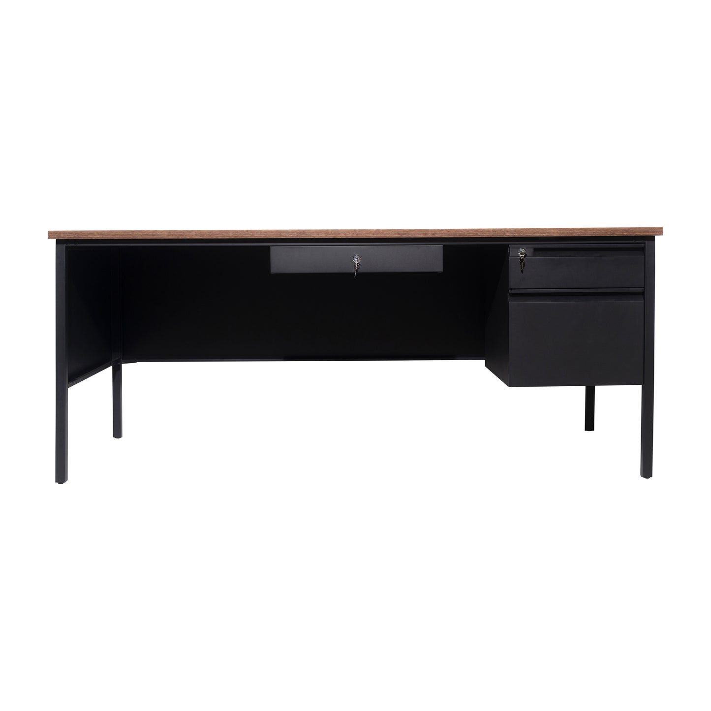 Cambridge Commercial Grade 30x70 Right Side Single Pedestal Desk with 3 Locking Drawers, Walnut Top and Black Frame