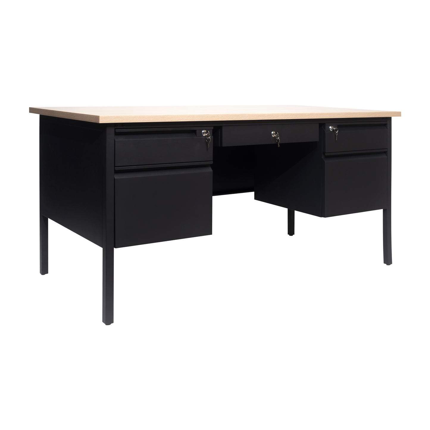 Cambridge Commercial Grade 30x60 Double Pedestal Desk with 5 Locking Drawers, White Oak Top and Black Frame