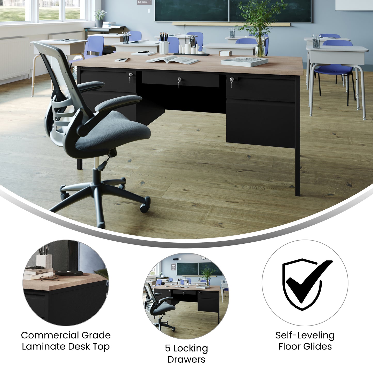 Cambridge Commercial Grade 30x60 Double Pedestal Desk with 5 Locking Drawers, White Oak Top and Black Frame