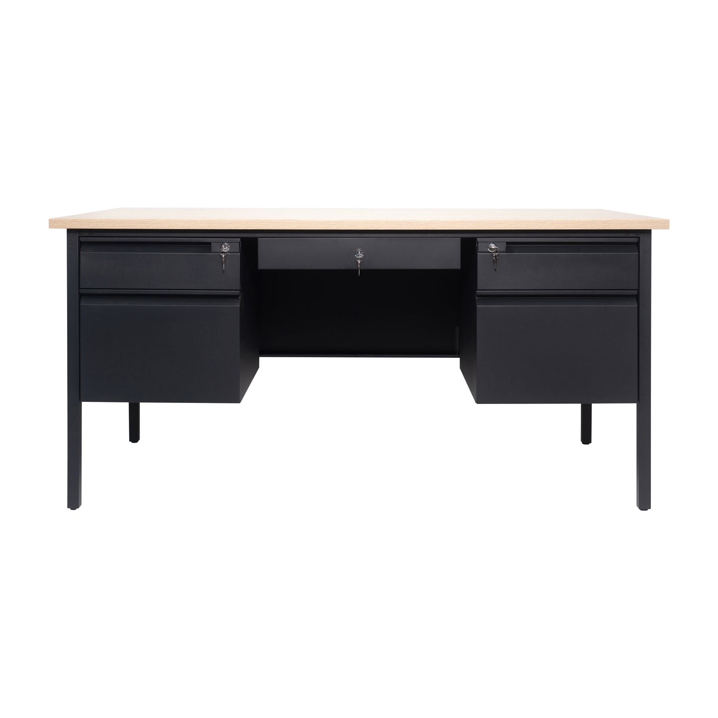 Cambridge Commercial Grade 30x60 Double Pedestal Desk with 5 Locking Drawers, White Oak Top and Black Frame