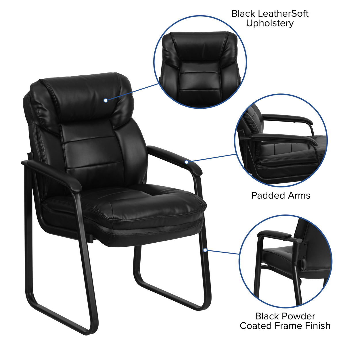 Isla Black LeatherSoft Executive Side Reception Chair with Lumbar Support and Sled Base