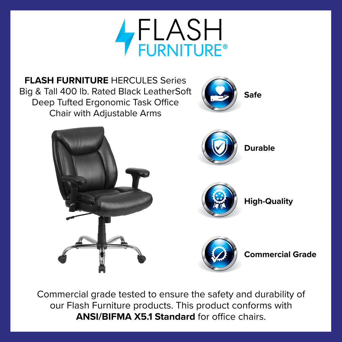 HERCULES Series Big & Tall 400 lb. Rated Black LeatherSoft Deep Tufted Ergonomic Task Office Chair with Adjustable Arms