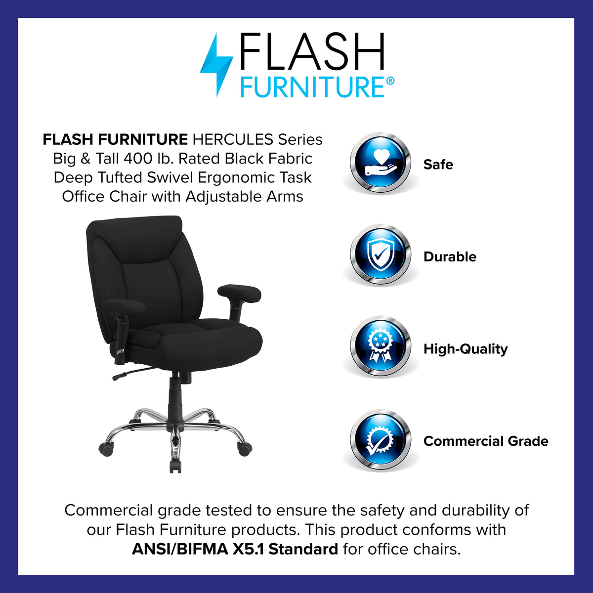 HERCULES Series Big & Tall 400 lb. Rated Black Fabric Deep Tufted Swivel Ergonomic Task Office Chair with Adjustable Arms
