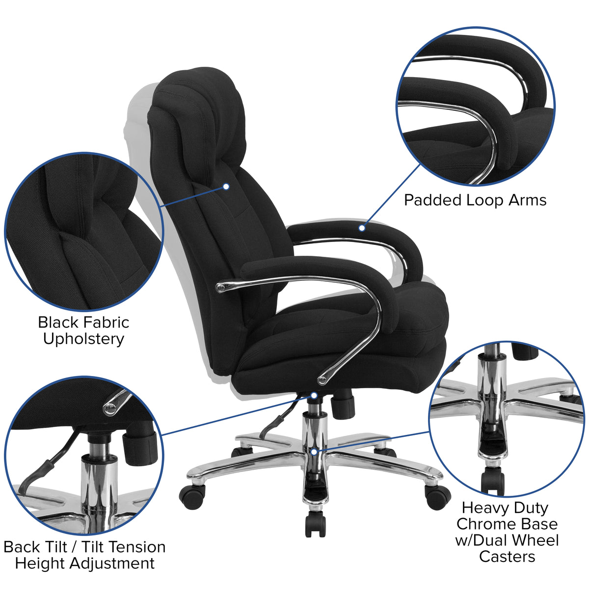 HERCULES Series 24/7 Intensive Use Big & Tall 500 lb. Rated Black Fabric Executive Ergonomic Office Chair with Loop Arms