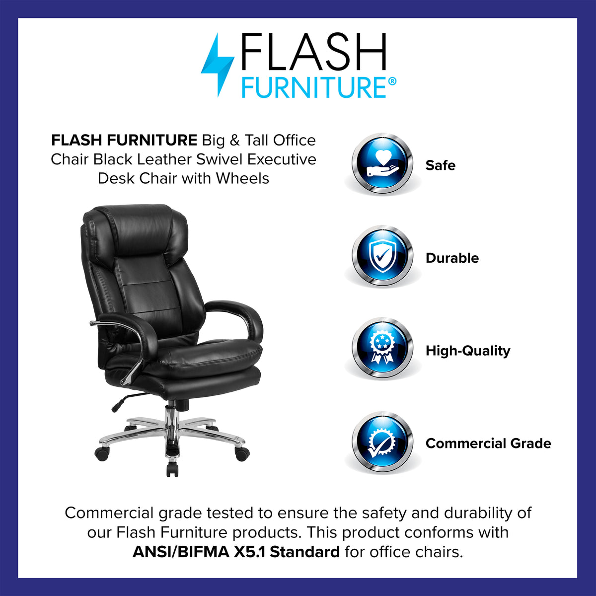 Big & Tall Office Chair | Black LeatherSoft Swivel Executive Desk Chair with Wheels