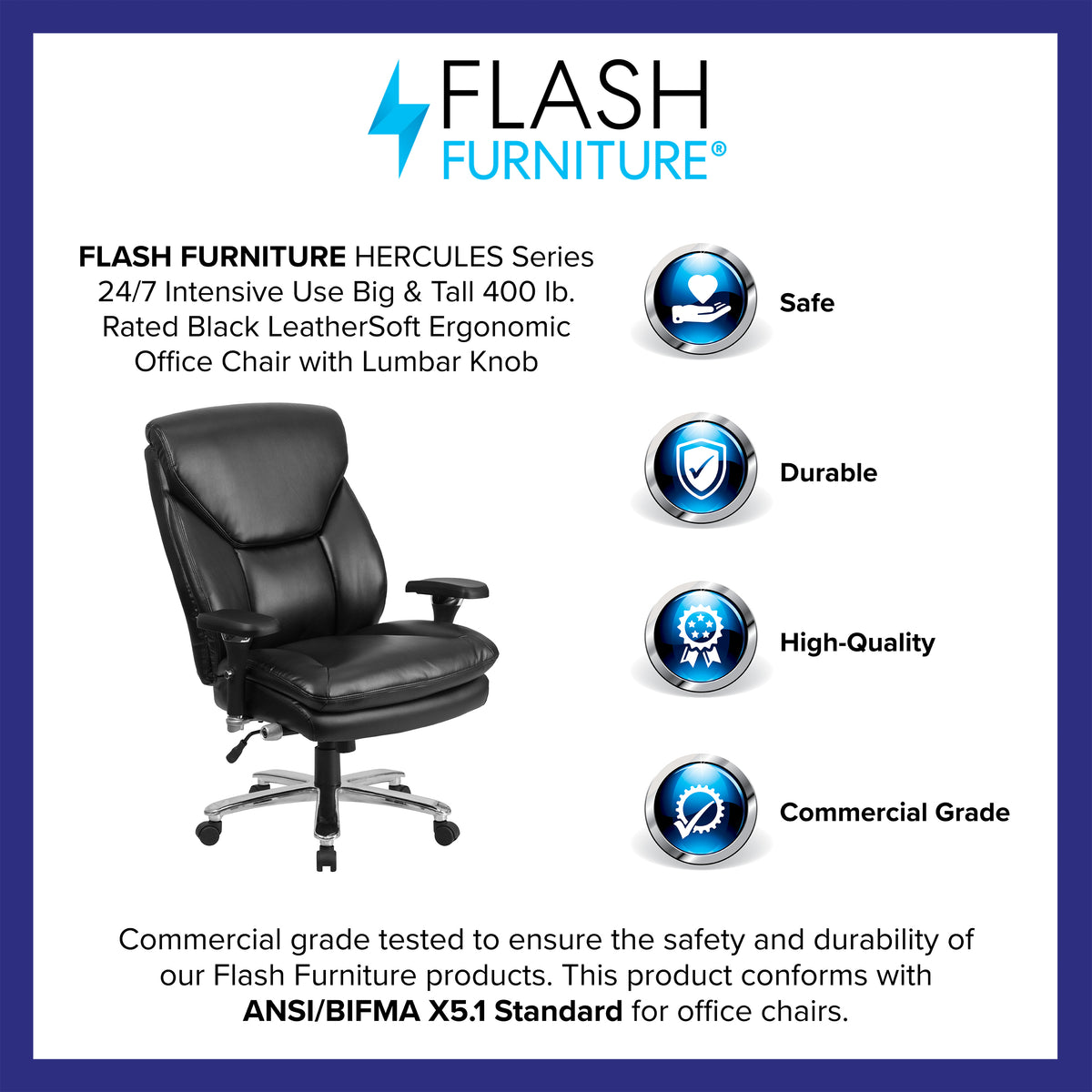 HERCULES Series 24/7 Intensive Use Big & Tall 400 lb. Rated Black LeatherSoft Ergonomic Office Chair with Lumbar Knob