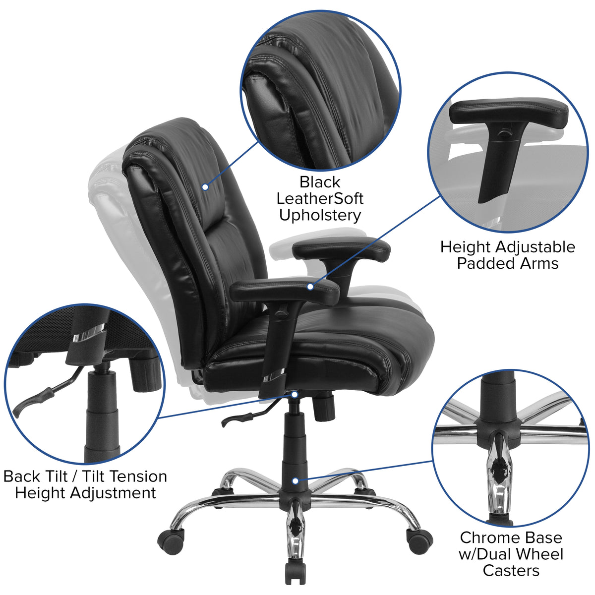 HERCULES Series Big & Tall 400 lb. Rated Black LeatherSoft Ergonomic Task Office Chair with Chrome Base and Adjustable Arms
