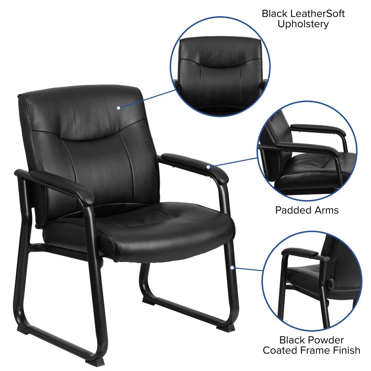 HERCULES Series Big & Tall 500 lb. Rated Black LeatherSoft Executive Side Reception Chair with Sled Base