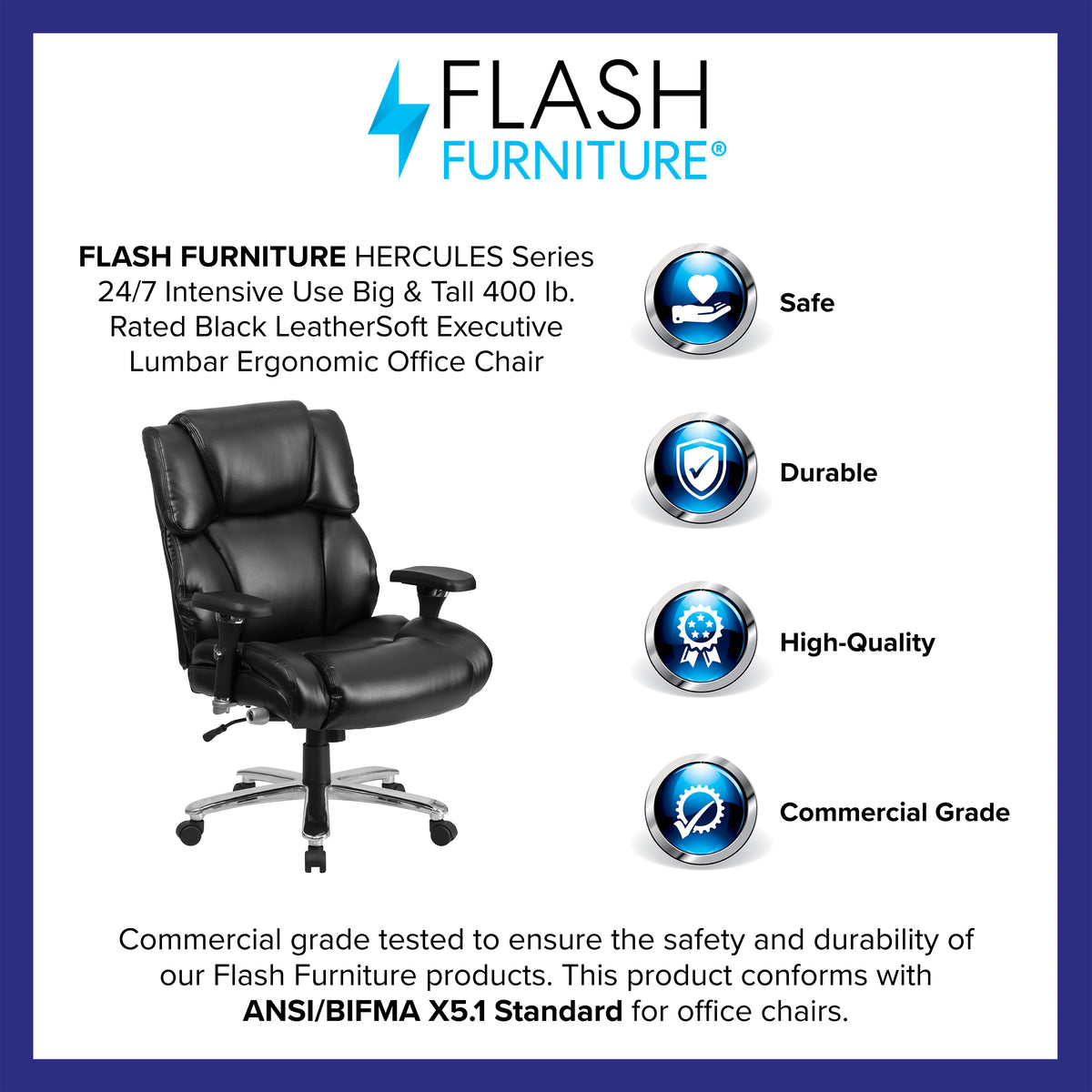HERCULES Series 24/7 Intensive Use Big & Tall 400 lb. Rated Black LeatherSoft Executive Lumbar Ergonomic Office Chair