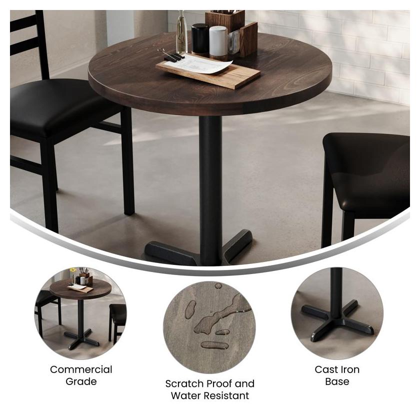 Bennett 30" Round Solid Wood Commercial Table in Dark Brown with 22" x 22" Black X-Base