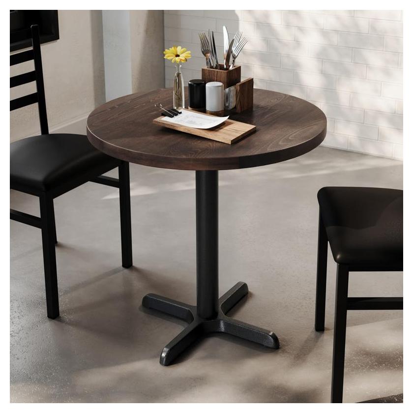 Bennett 30" Round Solid Wood Commercial Table in Dark Brown with 22" x 22" Black X-Base