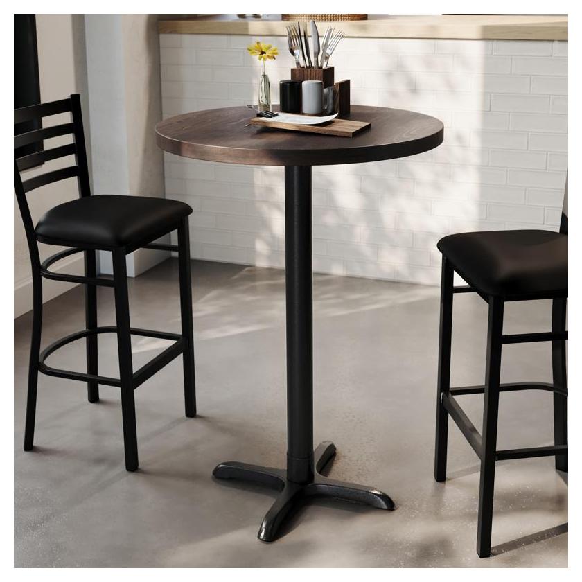 Bennett 30" Round Solid Wood Commercial Table in Dark Brown with 22" x 22" Black X-Base
