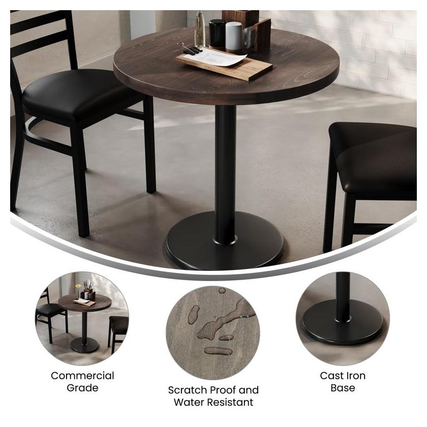 Bennett 30" Round Solid Wood Commercial Table in Dark Brown with 18" Black Round Base