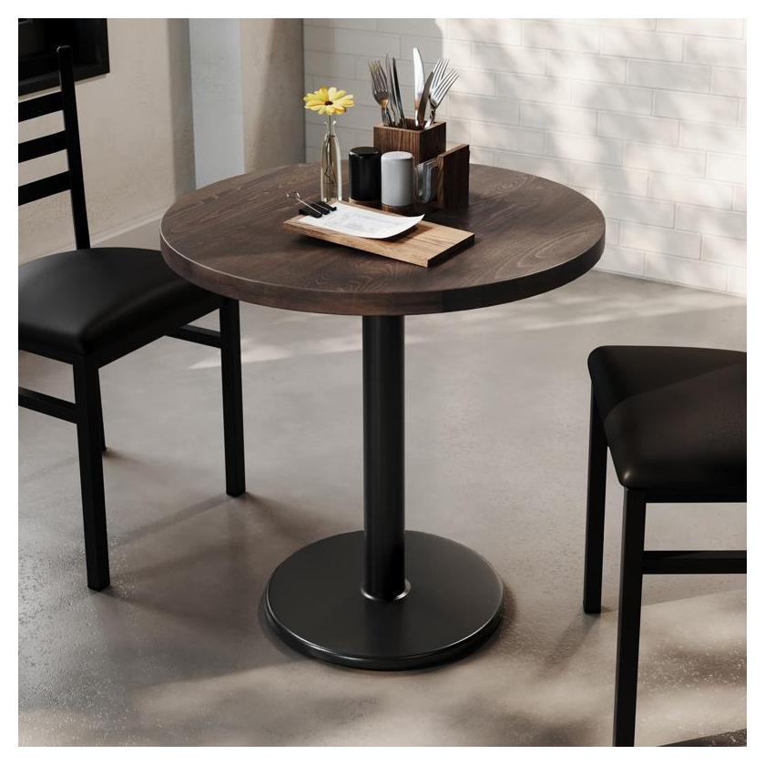 Bennett 30" Round Solid Wood Commercial Table in Dark Brown with 18" Black Round Base