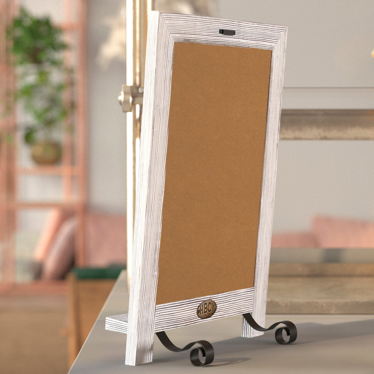 Canterbury 9.5" x 14" Whitewashed Tabletop Magnetic Chalkboard Sign with Metal Scrolled Legs, Hanging Wall Chalkboard, Countertop Memo Board