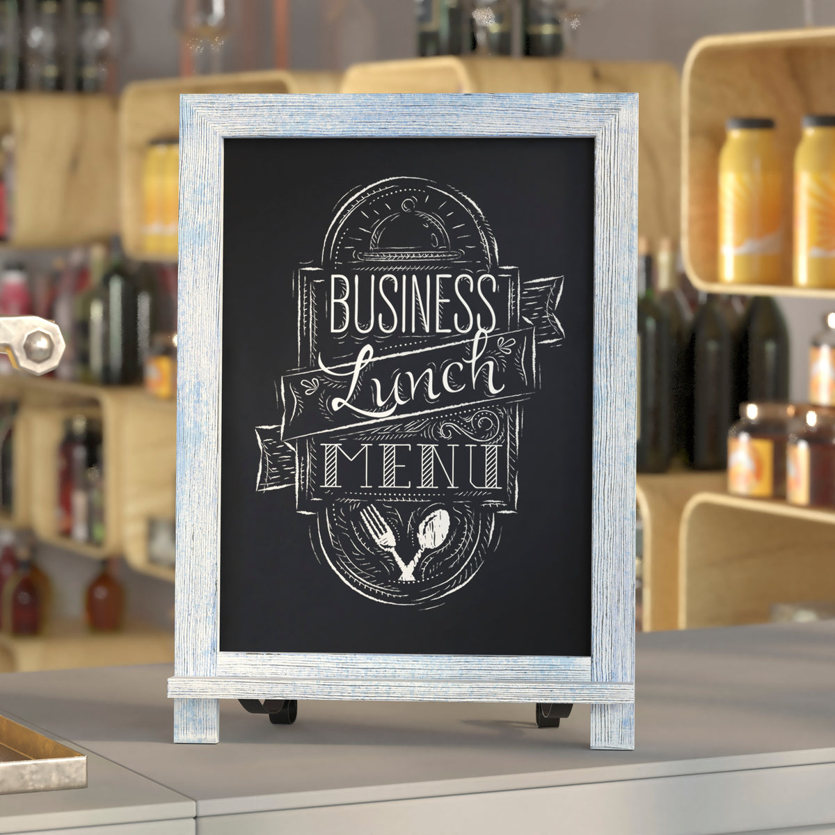 Canterbury 12" x 17" Rustic Blue Tabletop Magnetic Chalkboard Sign with Metal Scrolled Legs, Hanging Wall Chalkboard, Countertop Memo Board