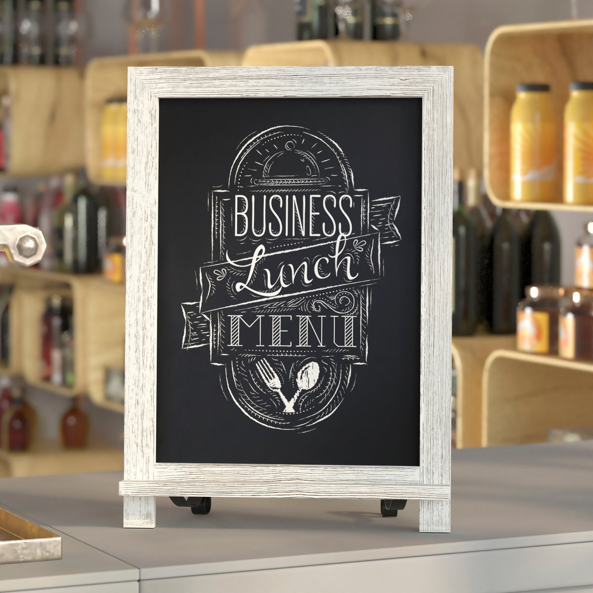 Canterbury 12" x 17" Whitewashed Tabletop Magnetic Chalkboard Sign with Metal Scrolled Legs, Hanging Wall Chalkboard, Countertop Memo Board