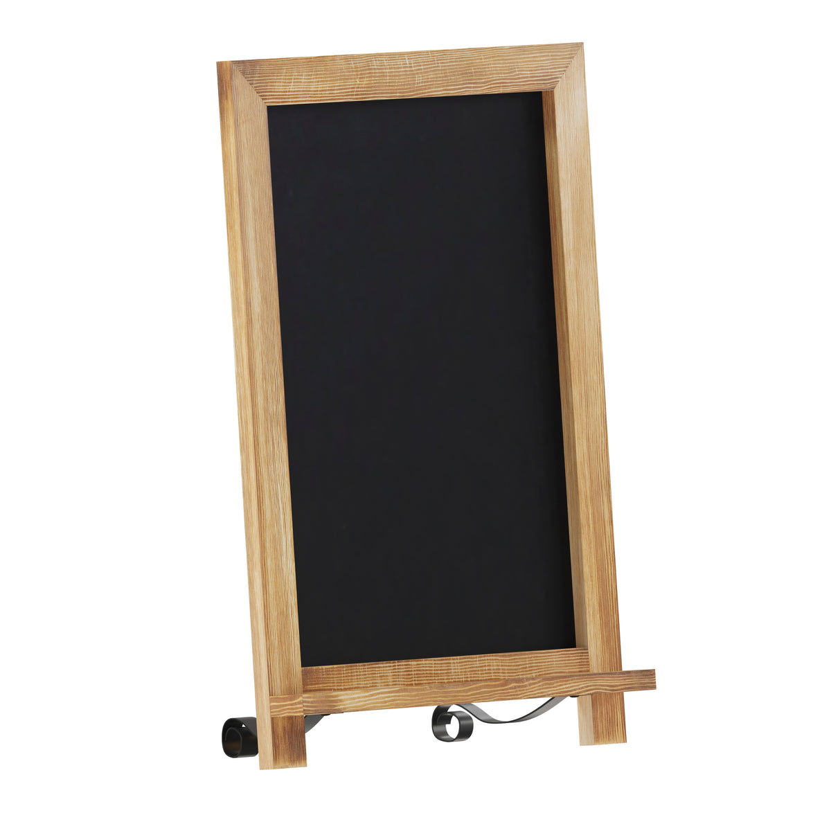 Canterbury 12" x 17" Torched Wood Tabletop Magnetic Chalkboard Sign with Metal Scrolled Legs, Hanging Wall Chalkboard, Countertop Memo Board