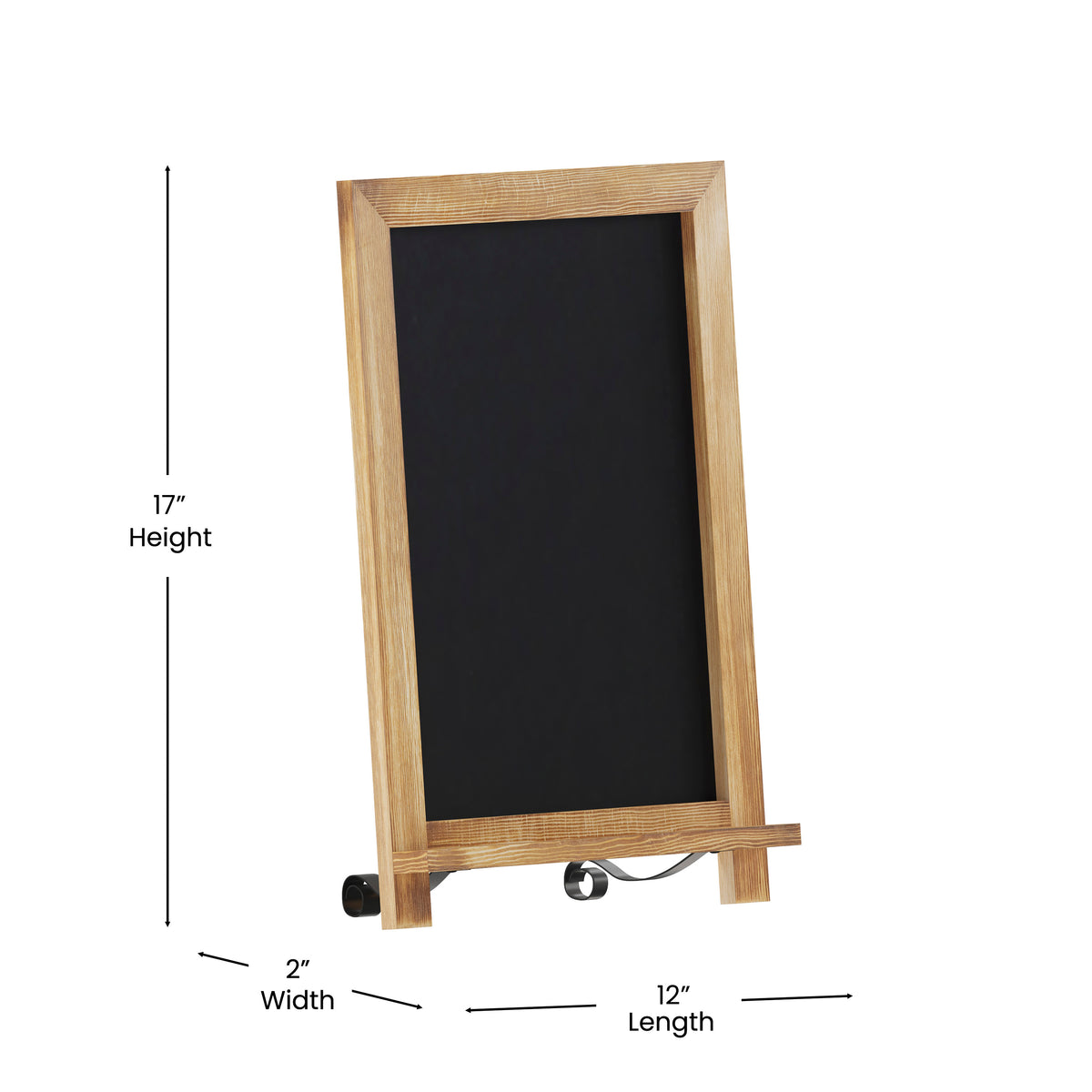 Canterbury 12" x 17" Torched Wood Tabletop Magnetic Chalkboard Sign with Metal Scrolled Legs, Hanging Wall Chalkboard, Countertop Memo Board