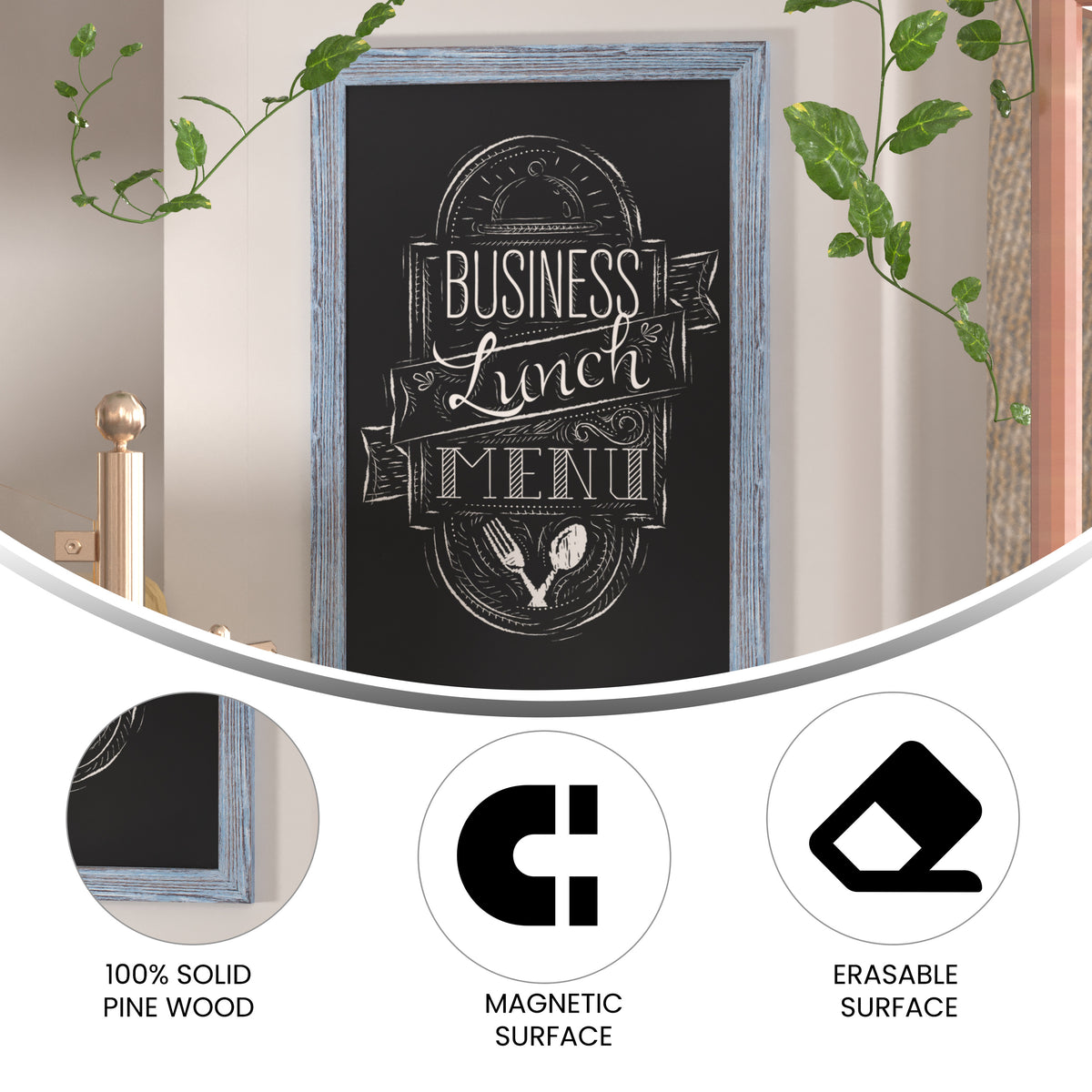 Canterbury 24" x 36" Rustic Blue Wall Mount Magnetic Chalkboard Sign with Eraser, Hanging Wall Chalkboard Memo Board for Home, School, or Business