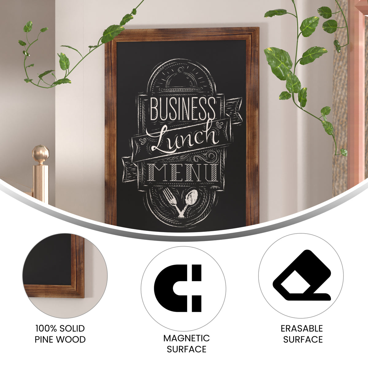 Canterbury 24" x 36" Torched Wood Wall Mount Magnetic Chalkboard Sign with Eraser, Hanging Wall Chalkboard Memo Board for Home, School, or Business