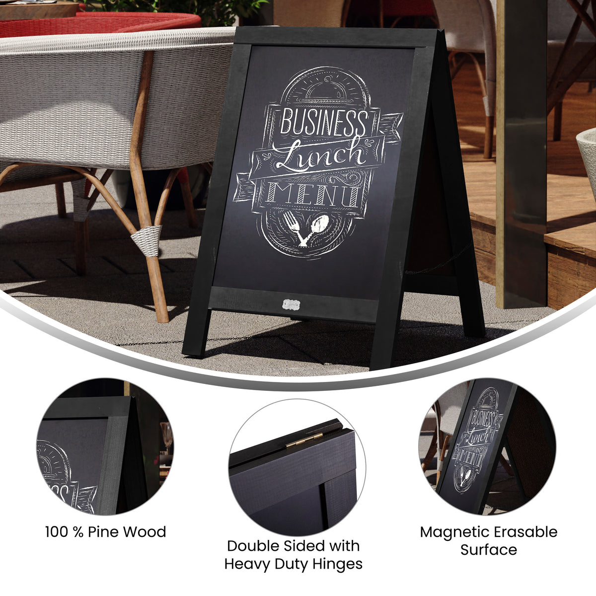 Canterbury 30" x 20" Vintage Wooden A-Frame Magnetic Indoor/Outdoor Chalkboard Sign, Freestanding Double Sided Extra Large Message Board, Black