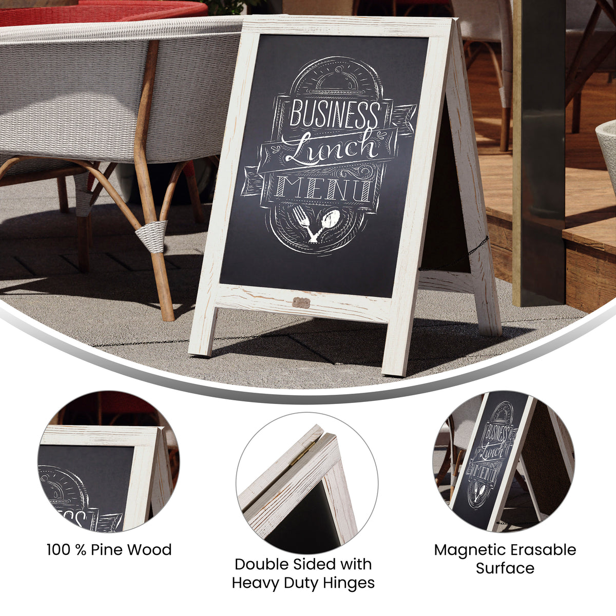 Canterbury 30" x 20" Vintage Wooden A-Frame Magnetic Indoor/Outdoor Chalkboard Sign, Freestanding Double Sided Extra Large Message Board, White Wash