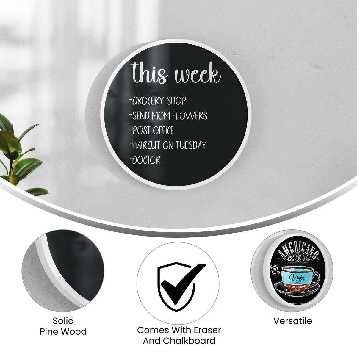Canterbury 18" Round Wall Mounted Magnetic Chalkboard for Home or Business with Eraser and Chalk in Whitewash Pine Wood Frame