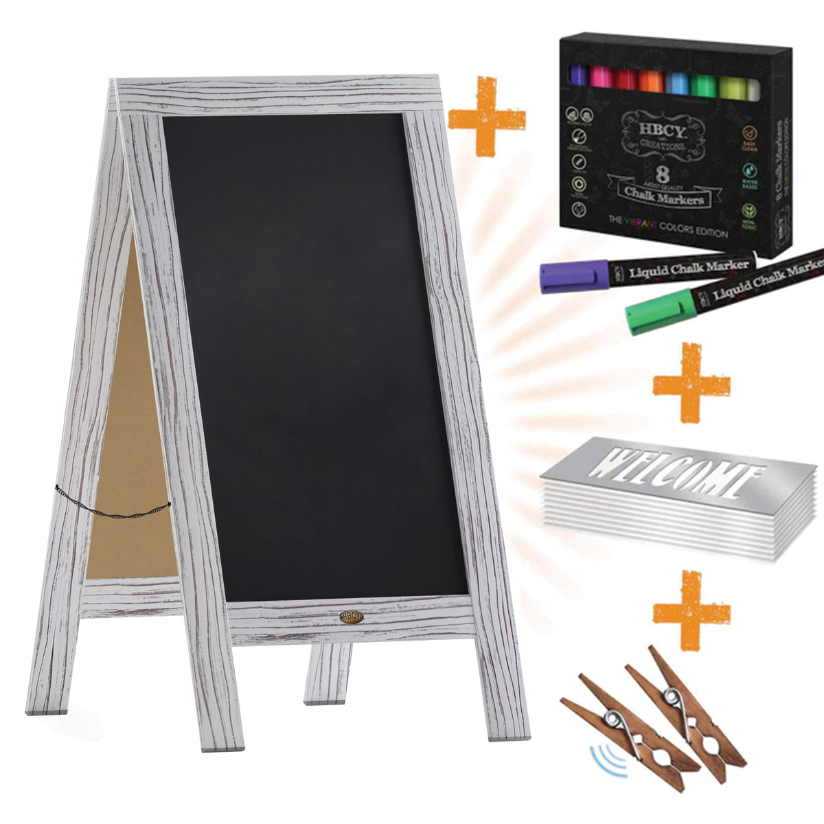 Canterbury 40" x 20" Whitewashed Wooden Indoor/Outdoor A-Frame Magnetic Chalkboard Sign Set - 8 Chalk Markers, 10 Stencils, 2 Magnets, and Eraser
