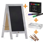 Canterbury 40" x 20" Whitewashed Wooden Indoor/Outdoor A-Frame Magnetic Chalkboard Sign Set - 8 Chalk Markers, 10 Stencils, 2 Magnets, and Eraser
