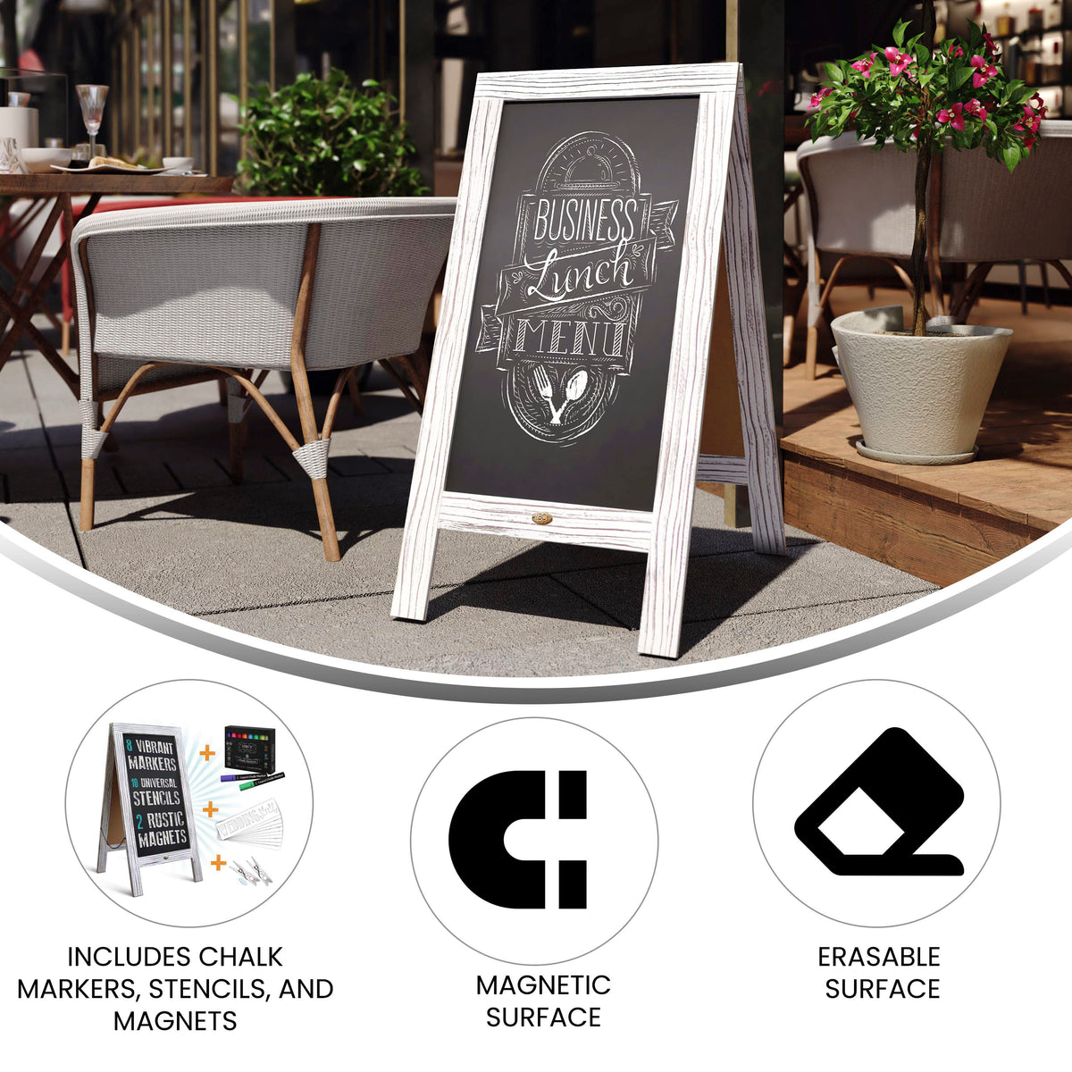 Canterbury 40" x 20" Whitewashed Wooden Indoor/Outdoor A-Frame Magnetic Chalkboard Sign Set - 8 Chalk Markers, 10 Stencils, 2 Magnets, and Eraser