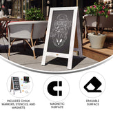 Canterbury 40" x 20" Whitewashed Wooden Indoor/Outdoor A-Frame Magnetic Chalkboard Sign Set - 8 Chalk Markers, 10 Stencils, 2 Magnets, and Eraser