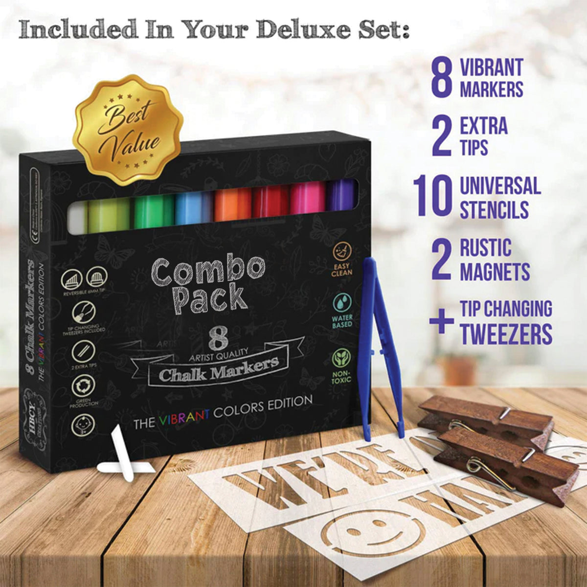 Canterbury 40" x 20" Whitewashed Wooden Indoor/Outdoor A-Frame Magnetic Chalkboard Sign Set - 8 Chalk Markers, 10 Stencils, 2 Magnets, and Eraser